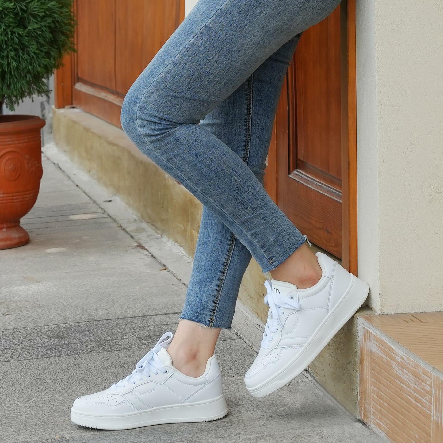 JABASIC Women Genuine Leather Platform Sneakers Lace-Up White/Fuchsia Size 8