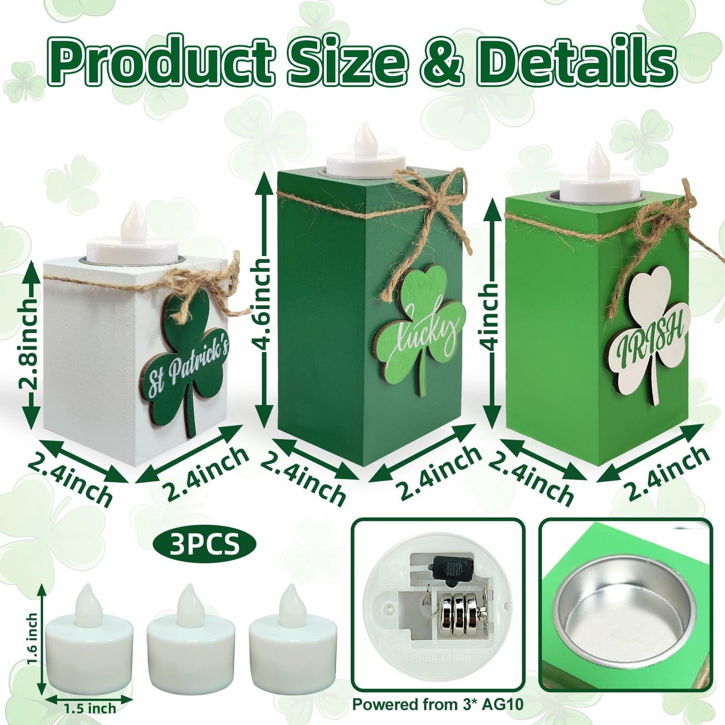 3 Pack St. Patrick's Day Flameless Tea Light Candles Shamrock Design