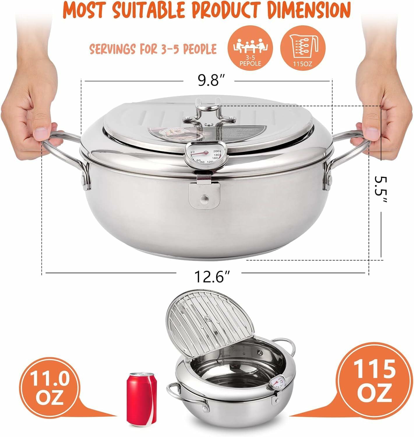 Oxydrily Japanese Stainless Steel Deep Fryer Pot with Thermometer