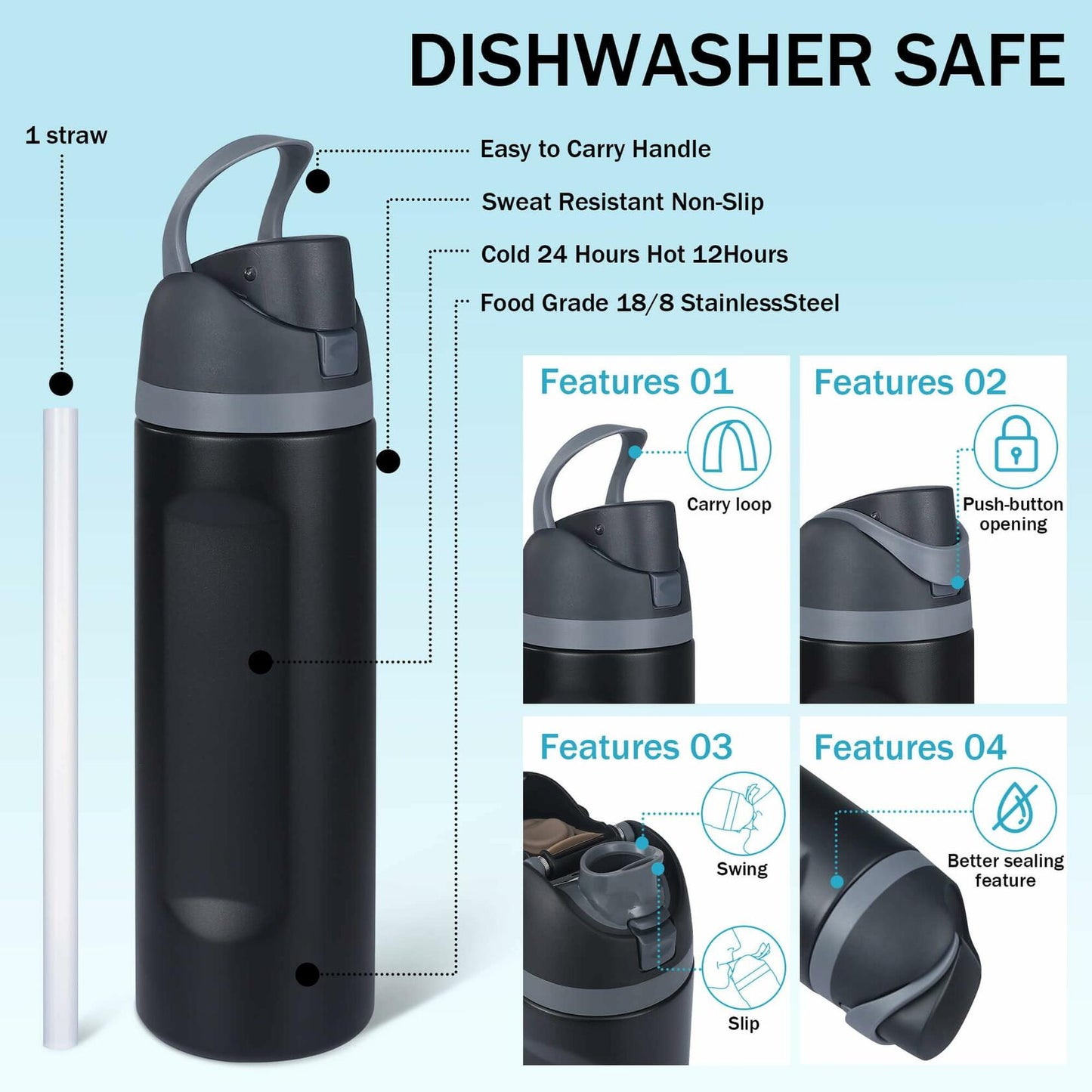 2-Pack Sports Water Bottles 1L Leakproof Portable Black Gym Outdoor Travel