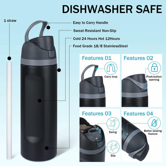 2-Pack Sports Water Bottles 1L Leakproof Portable Black Gym Outdoor Travel