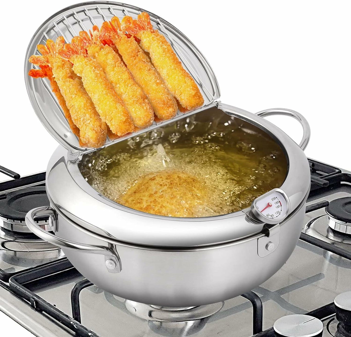 Oxydrily Japanese Stainless Steel Deep Fryer Pot with Thermometer