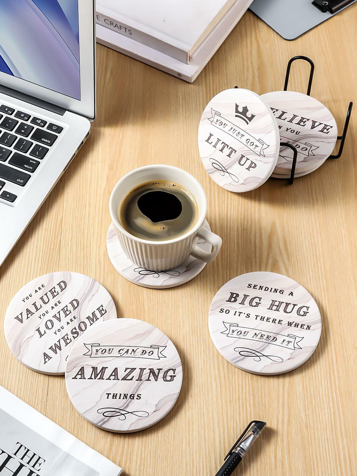 White Elephant Marble Ceramic Drink Coasters Set of 8 with Holder