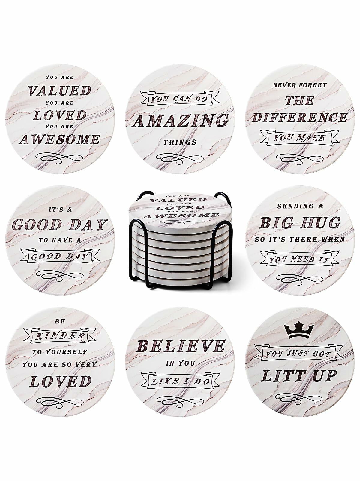 White Elephant Marble Ceramic Drink Coasters Set of 8 with Holder
