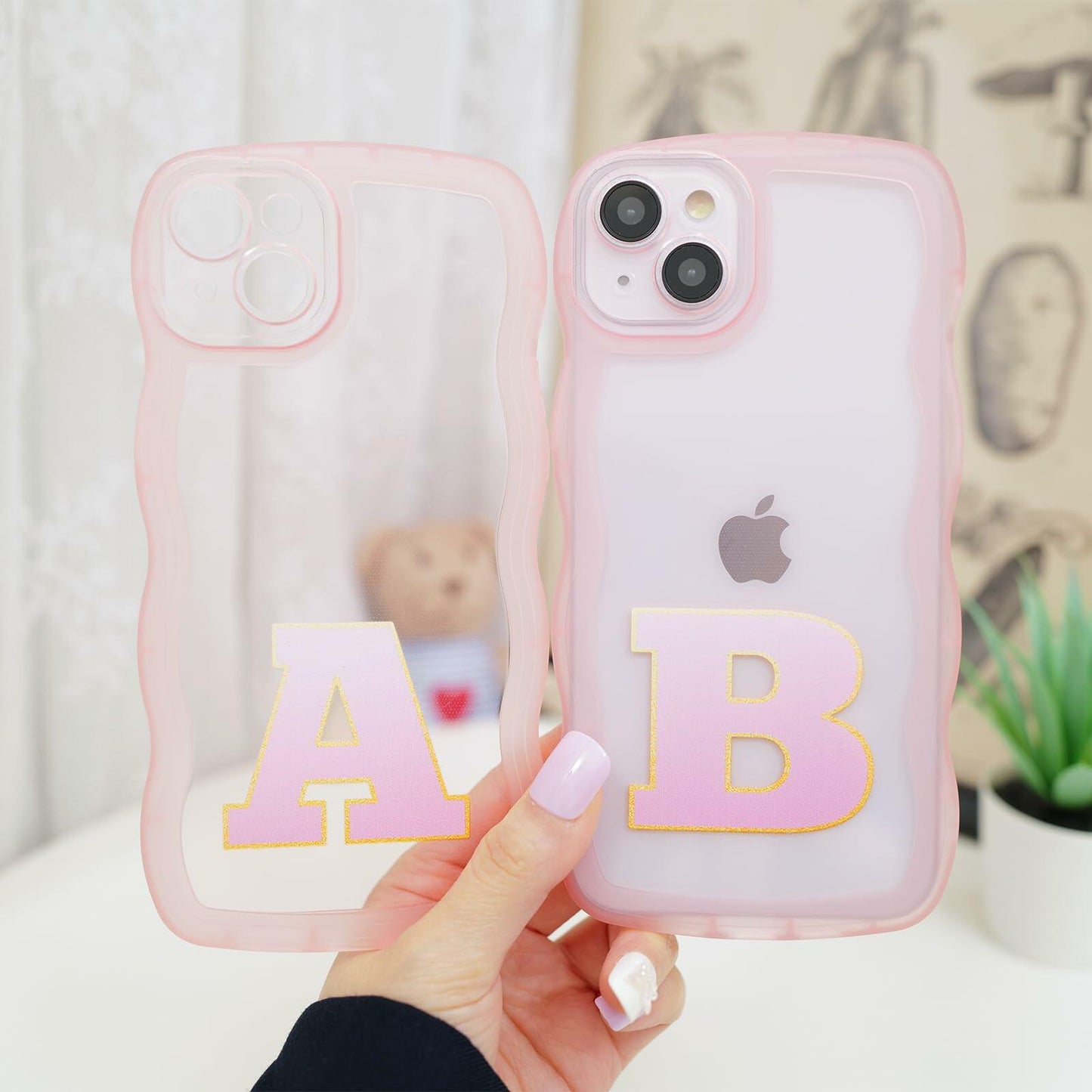Hasoncase iPhone 13 Case Personalized Initials Curly Wave TPU Clear Pink 6.1"