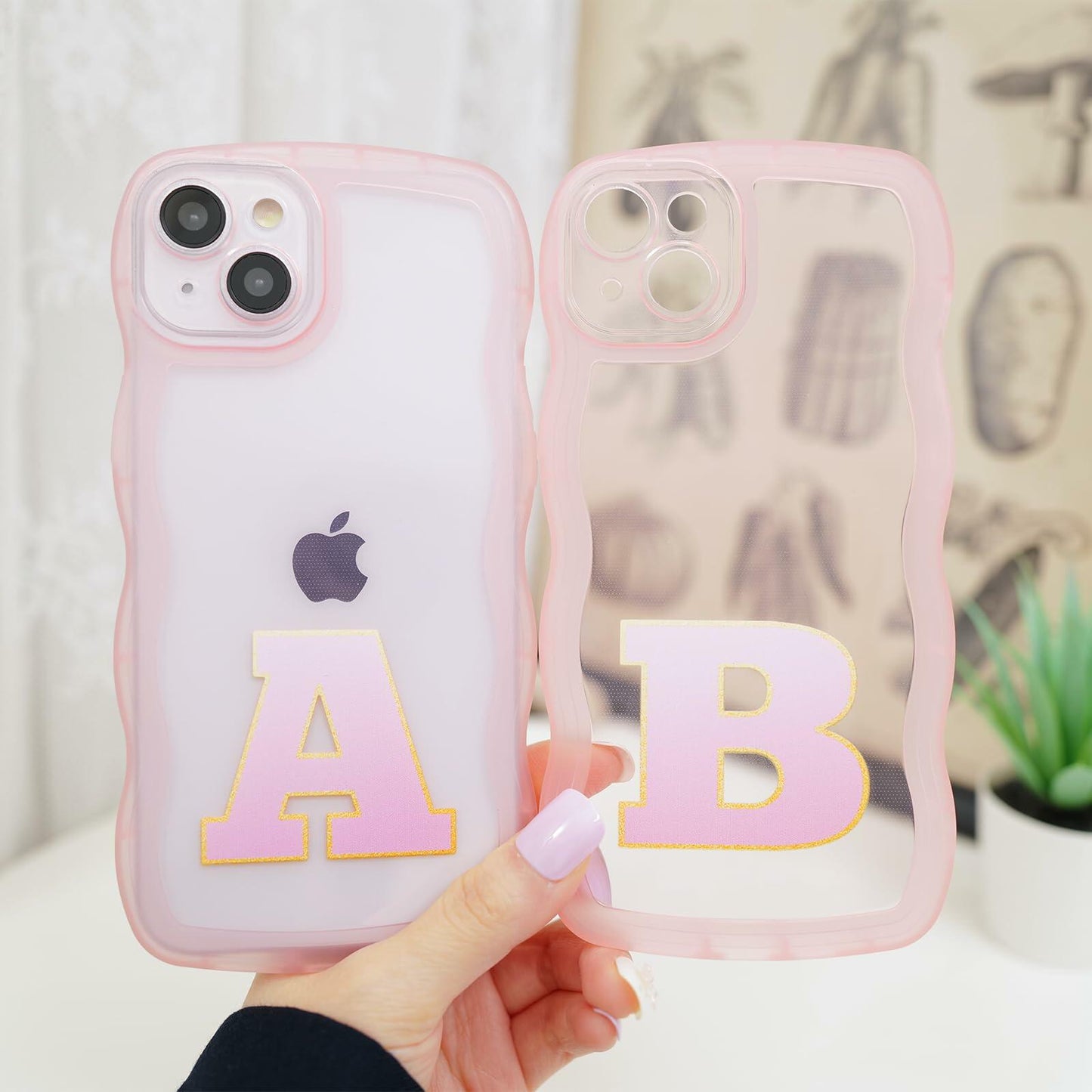 Hasoncase iPhone 13 Case Personalized Initials Curly Wave TPU Clear Pink 6.1"