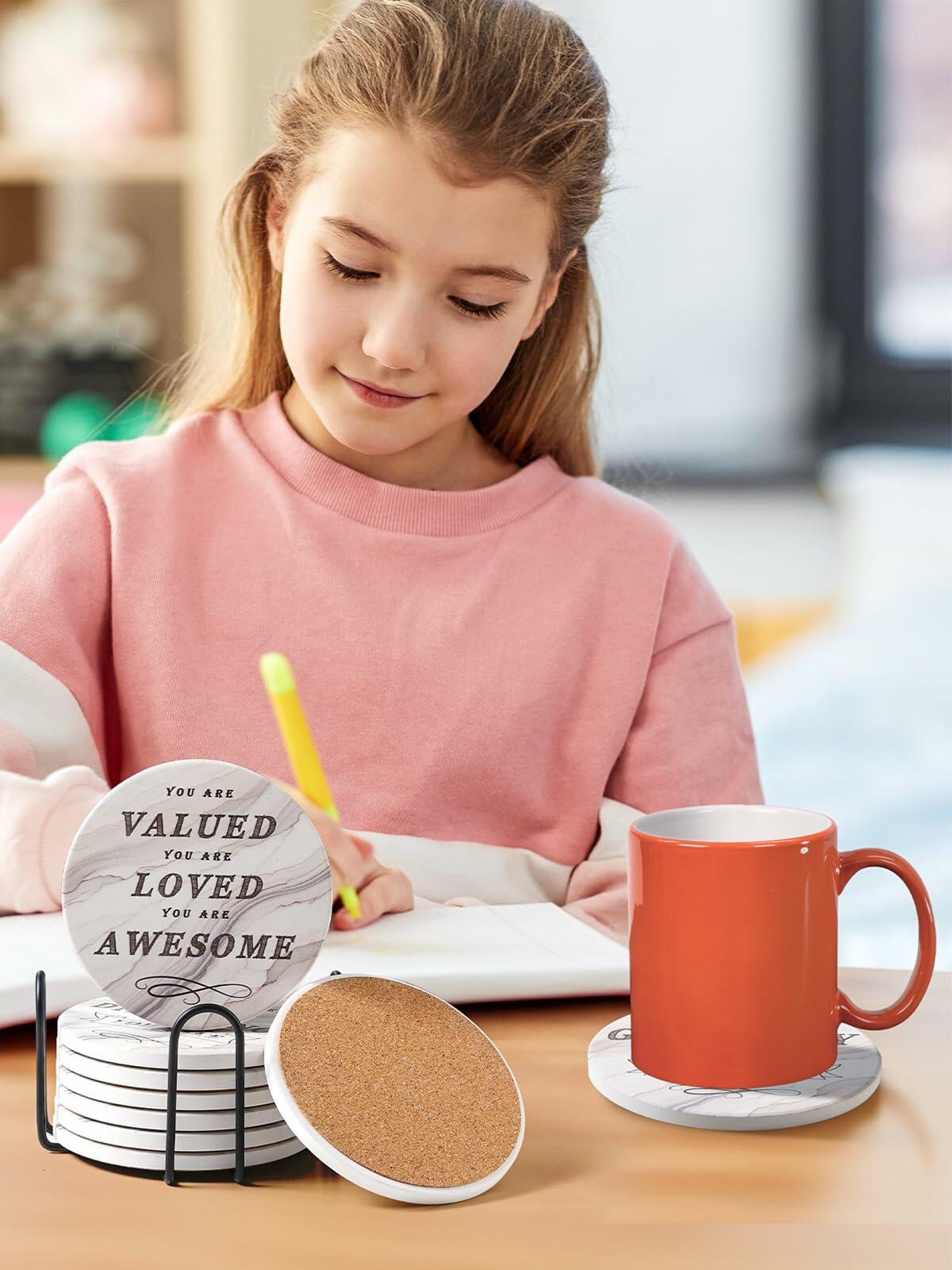 White Elephant Marble Ceramic Drink Coasters Set of 8 with Holder