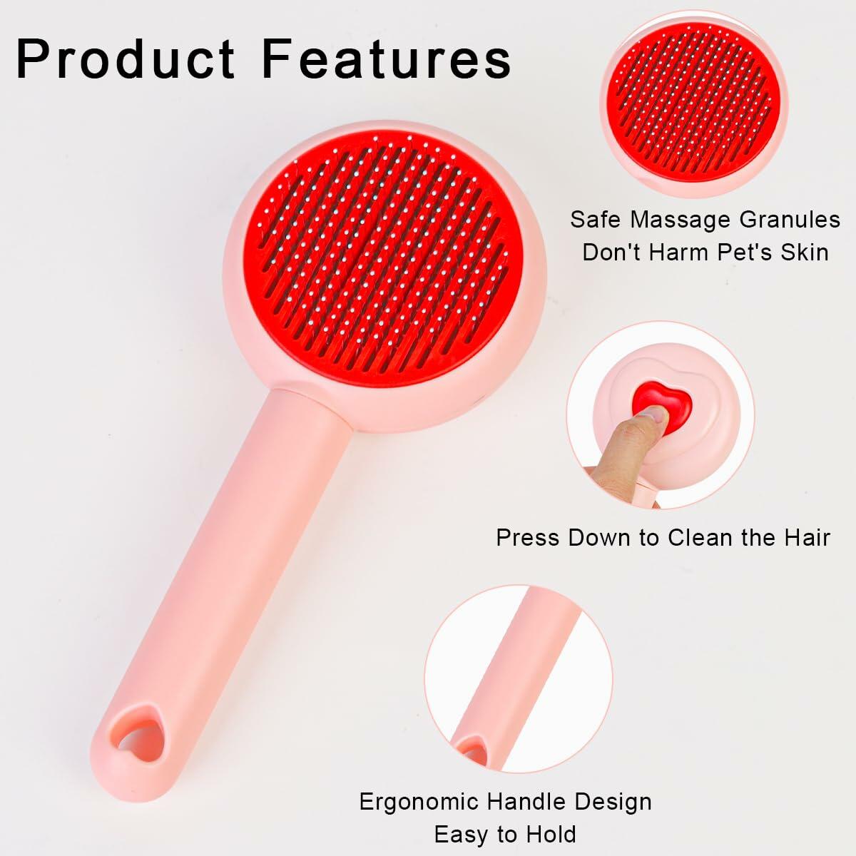 Self-Cleaning Pet Grooming Brush for Dogs & Cats Pink Ergonomic Massage