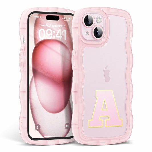 Hasoncase iPhone 13 Case Personalized Initials Curly Wave TPU Clear Pink 6.1"