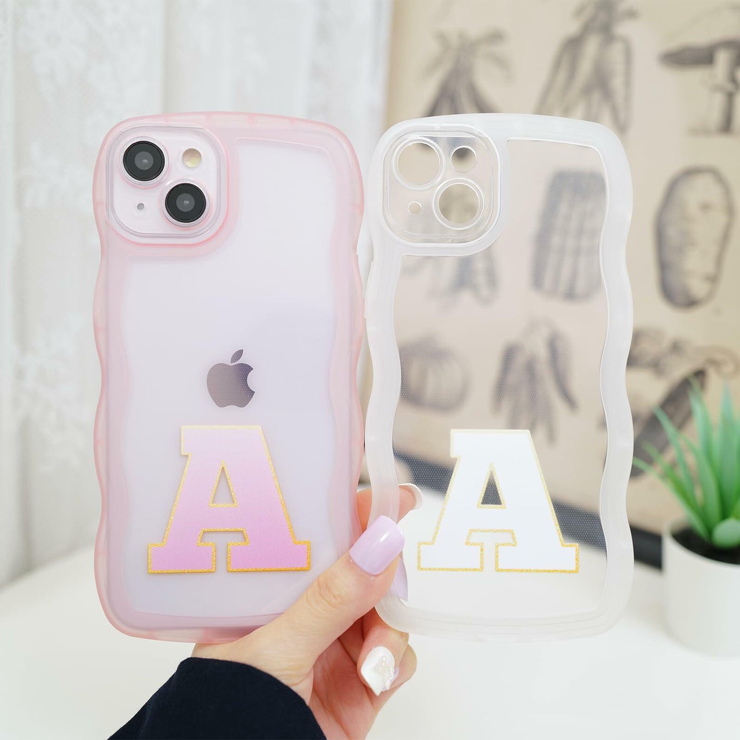 Hasoncase iPhone 13 Case Personalized Initials Curly Wave TPU Clear Pink 6.1"