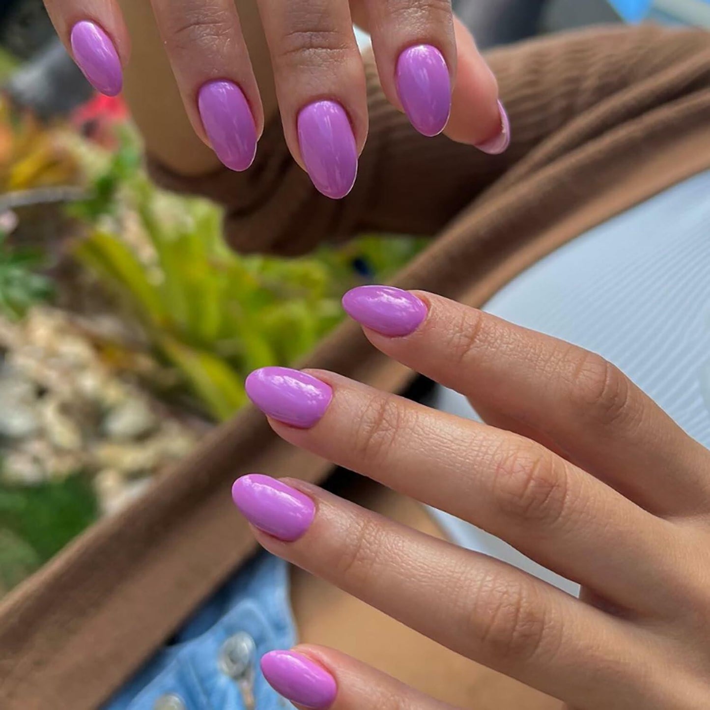 Short Press On Nails Almond Shape Glossy Light Purple 24Pcs Reusable