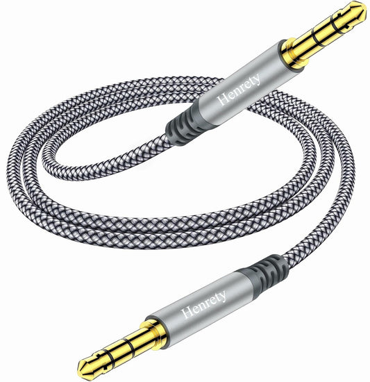 Henrety 3.5mm Nylon Braided Aux Cable 6.5ft Male to Male Gray