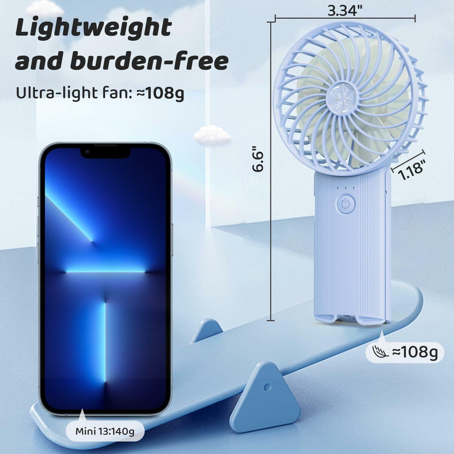 udodik Portable Handheld Fan Rechargeable 4 Speeds Light Blue