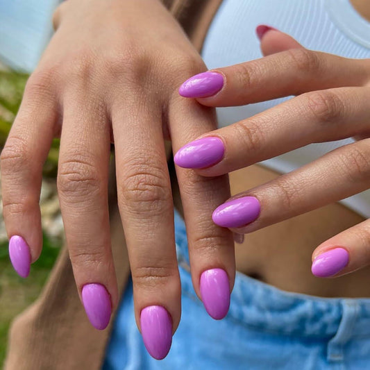Short Press On Nails Almond Shape Glossy Light Purple 24Pcs Reusable