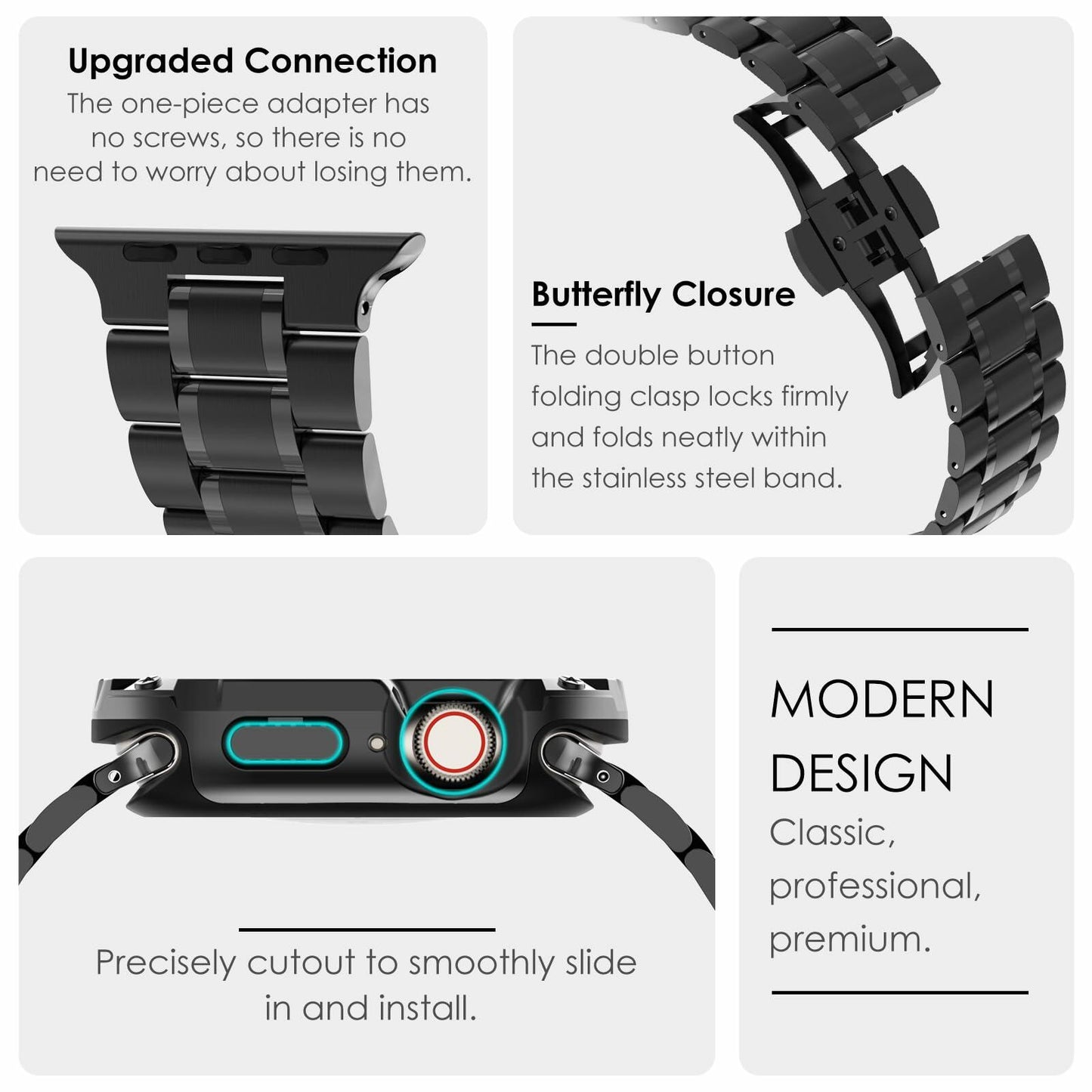 KADES Stainless Steel Metal Strap Black for Apple Watch 44mm/45mm