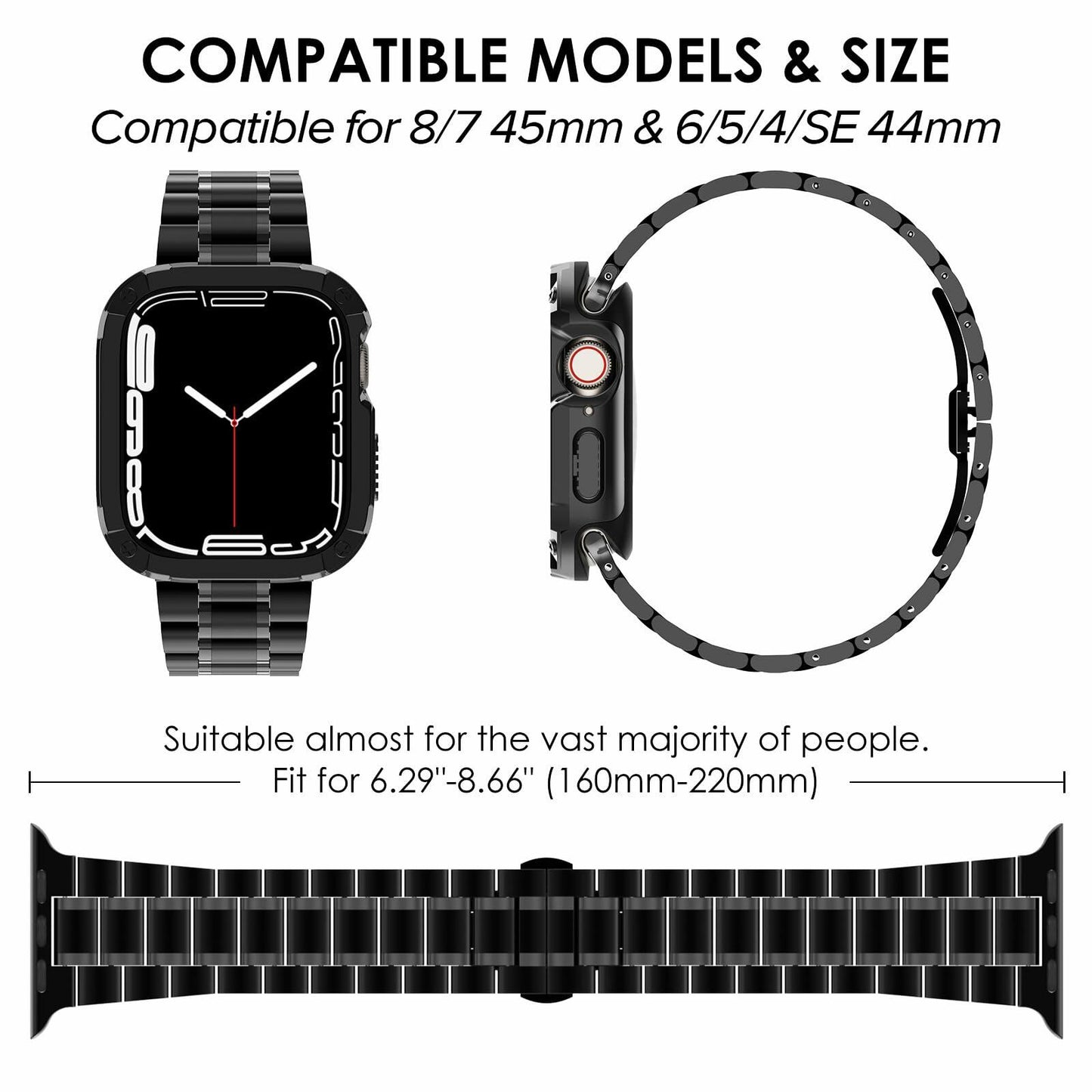 KADES Stainless Steel Metal Strap Black for Apple Watch 44mm/45mm
