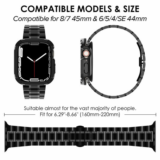 KADES Stainless Steel Metal Strap Black for Apple Watch 44mm/45mm