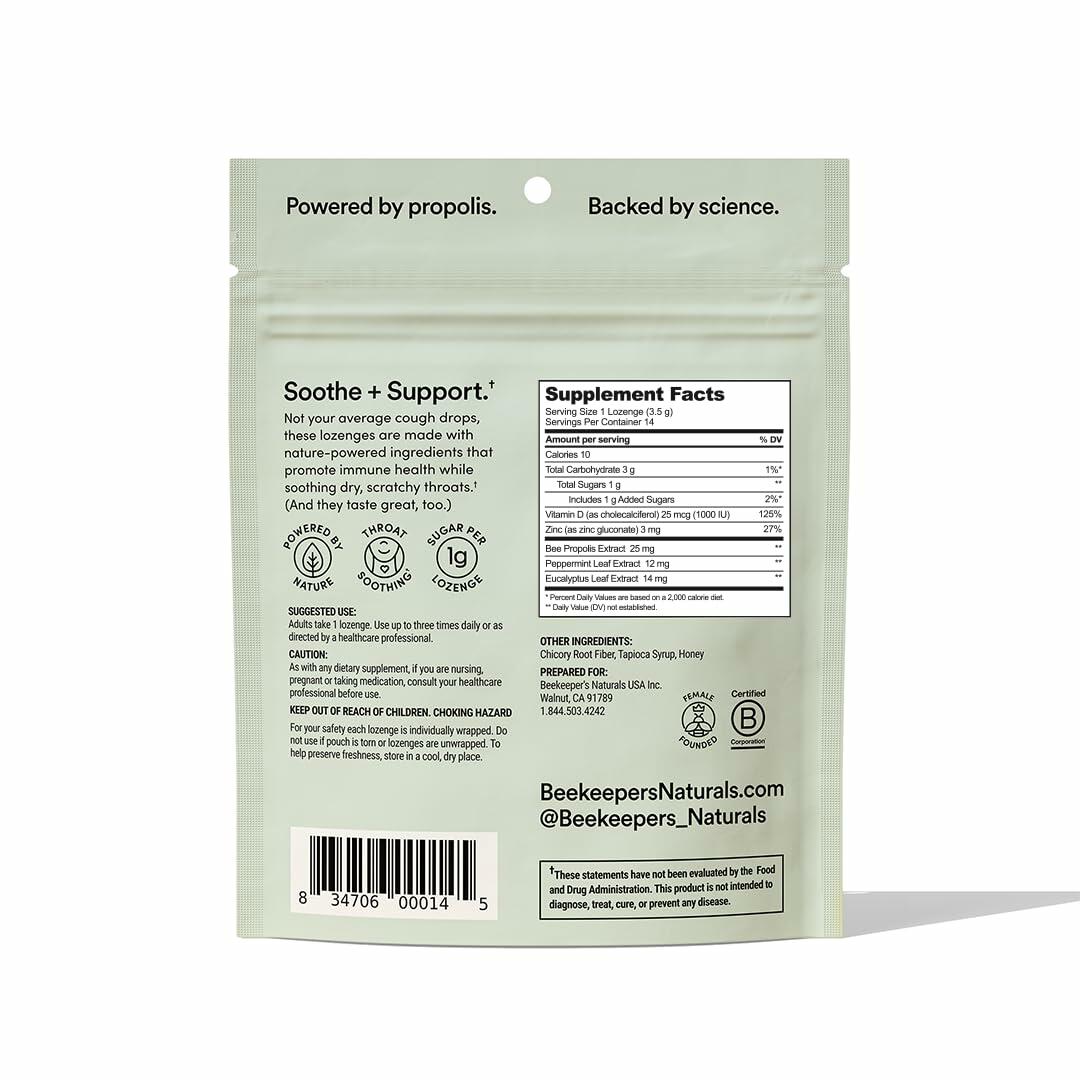 BestBy01/26 Beekeeper's Naturals Soothing Mint Eucalyptus Cough Drops 14 Ct