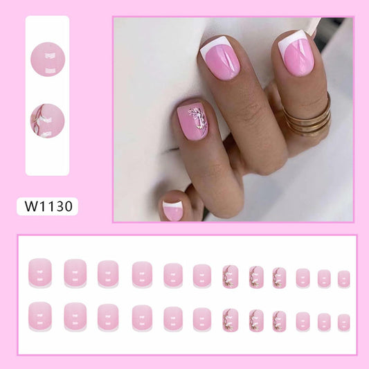 White French Tip Press On Nails Short Square Glossy Pink Flower Design