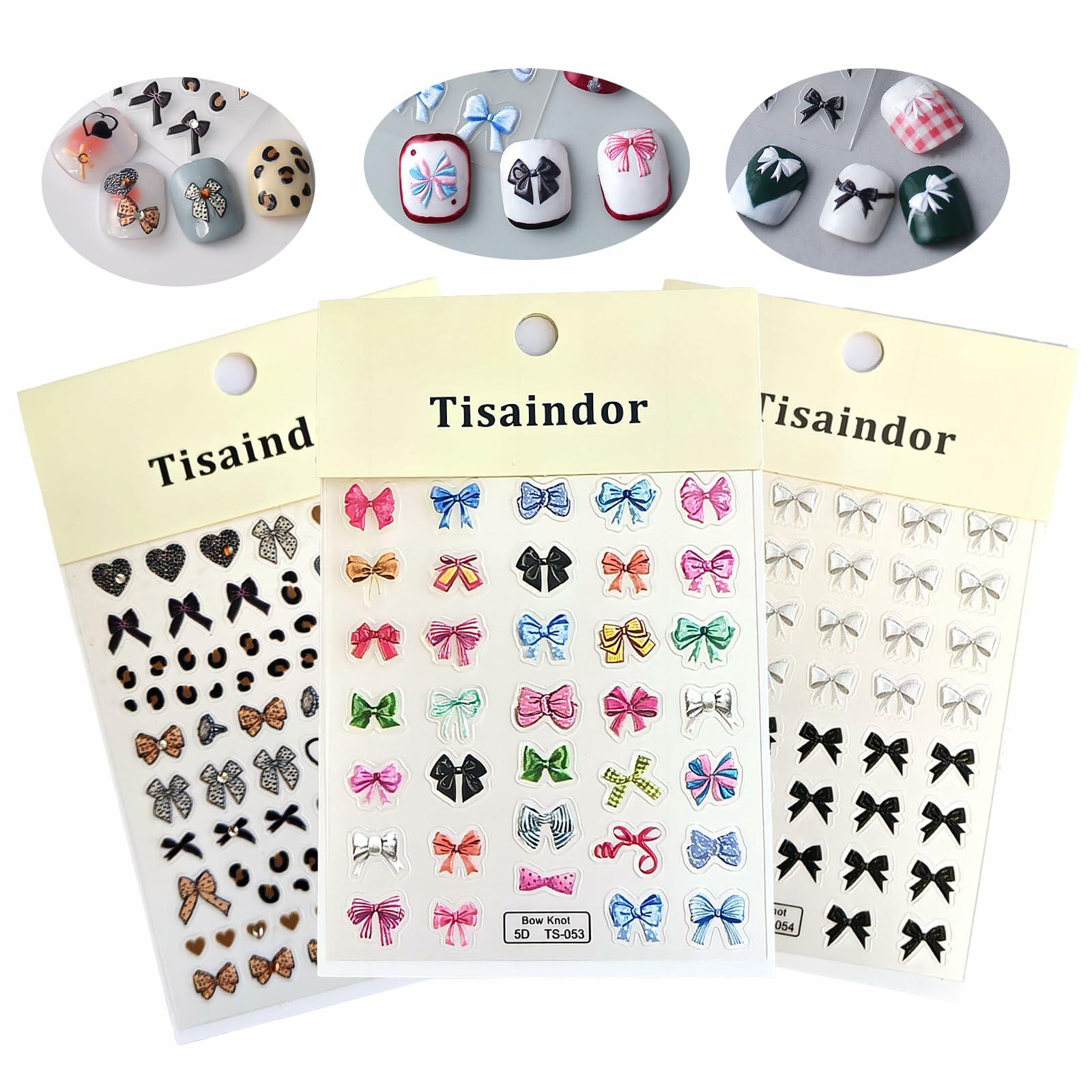 Tisaindor 5D Embossed Bow Nail Art Stickers 3 Sheets Colorful Self Adhesive