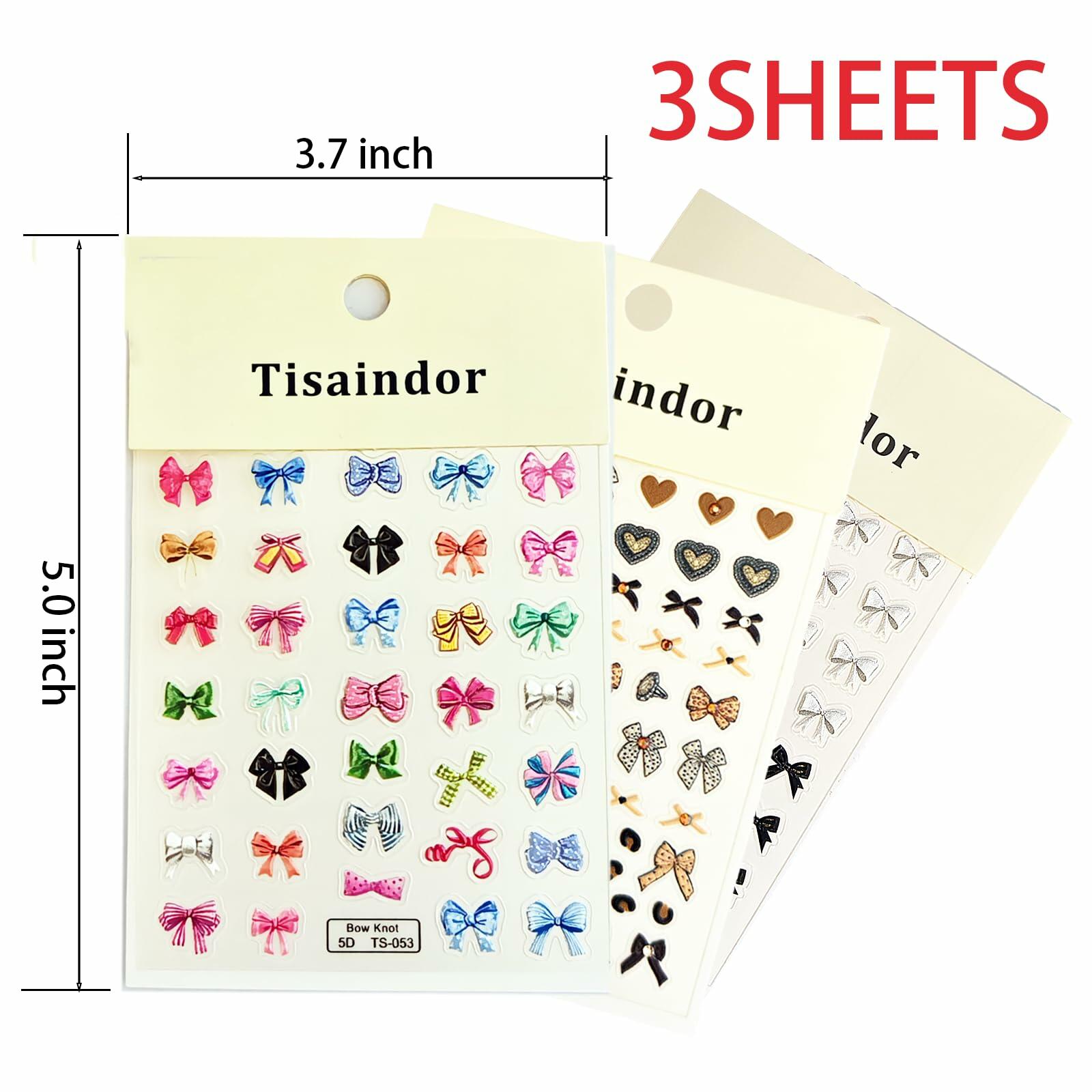 Tisaindor 5D Embossed Bow Nail Art Stickers 3 Sheets Colorful Self Adhesive