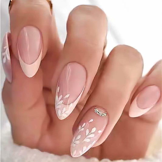 RUOKEXIN Pink Press On Nails Medium Almond French White Tip Glitter Leaves