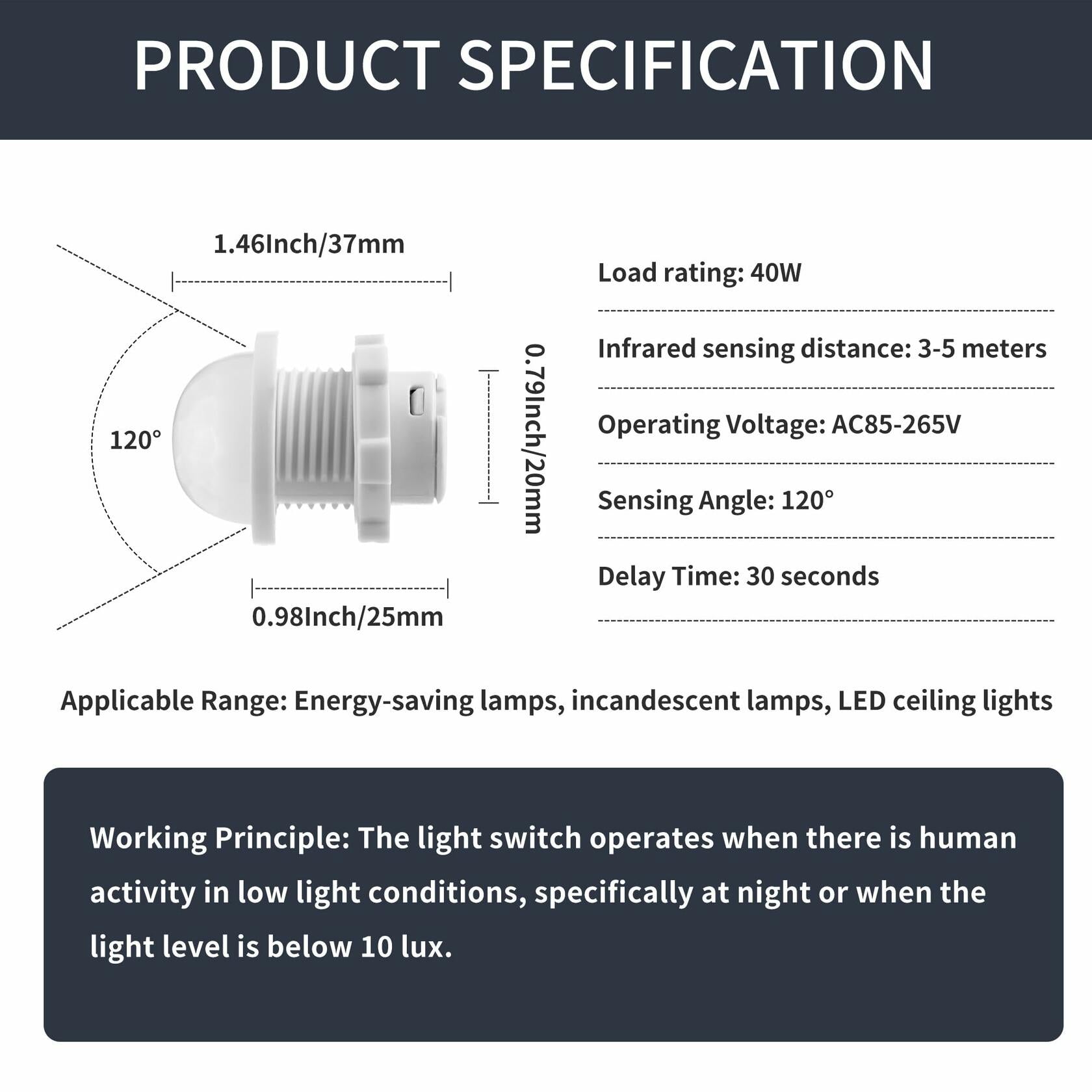 3 Pack Motion Sensor Switch PIR Smart Detection 85-265V 40W Ceiling Wall Mount