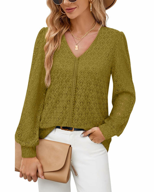 Timeson Women's Lace Knit V Neck Long Sleeve Shirt Green Size XL