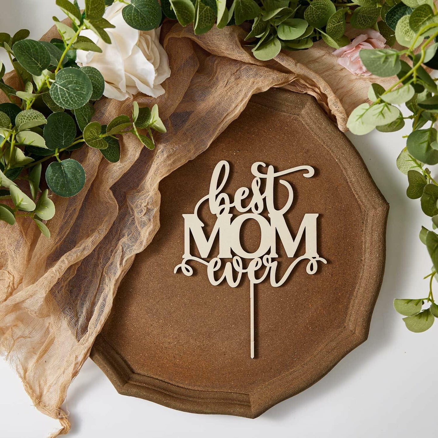 Wlropted Happy Mother's Day Wooden Cake Topper Best Mom Party Decor