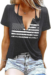 Womens Patriotic V Neck T Shirt American Flag Graphic Dark Gray Size XL