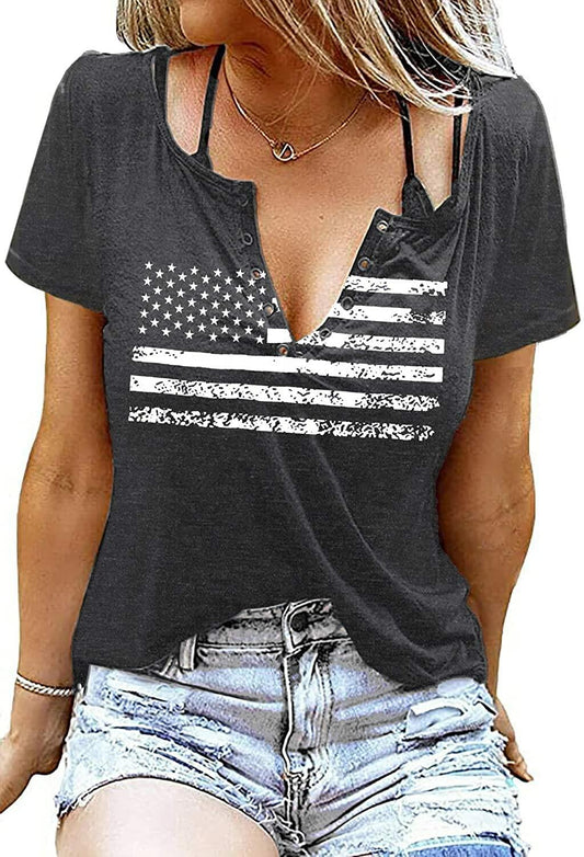 Womens Patriotic V Neck T Shirt American Flag Graphic Dark Gray Size XL