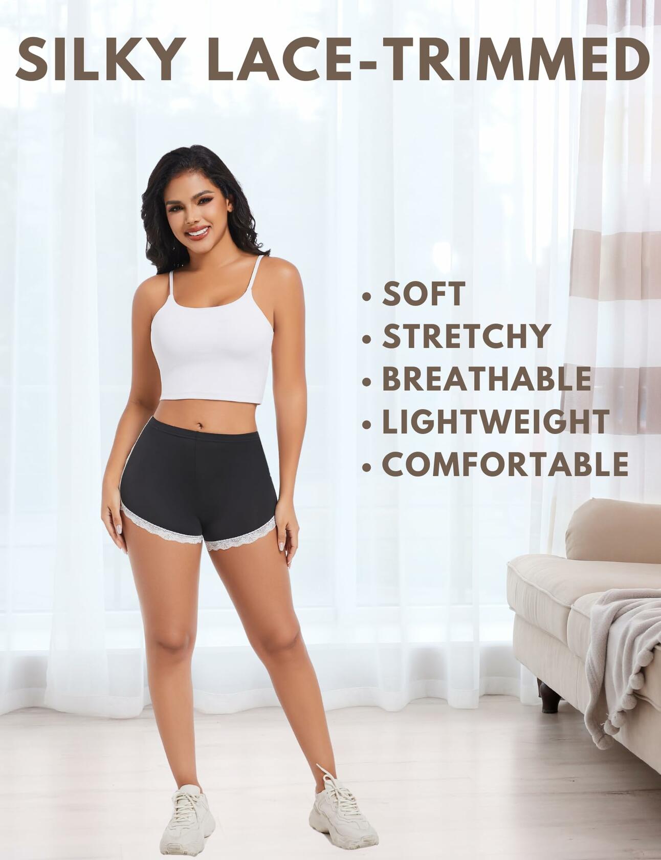 Aesphelia Sexy Lace Trim Anti-Chafing Shorts Black Size M