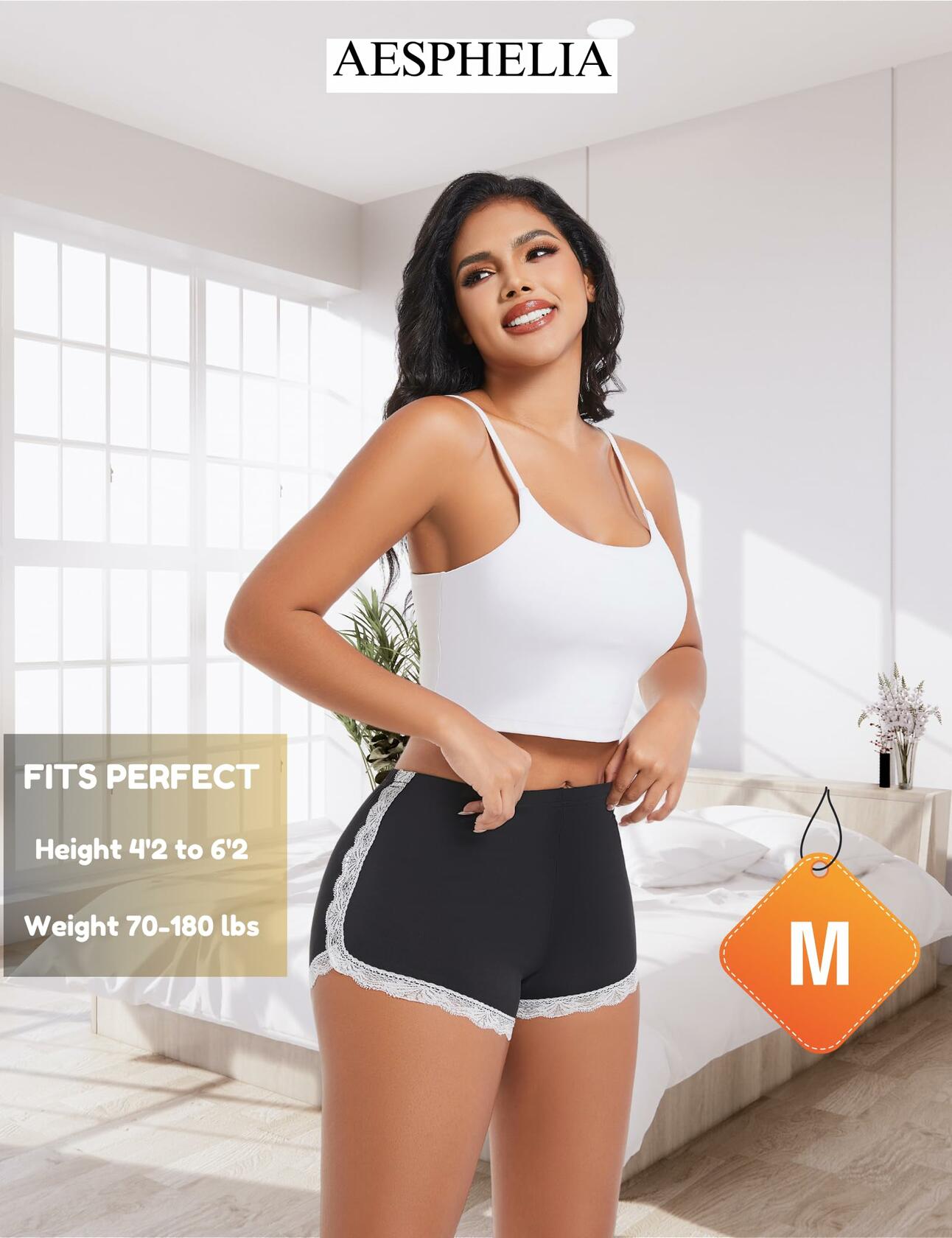 Aesphelia Sexy Lace Trim Anti-Chafing Shorts Black Size M