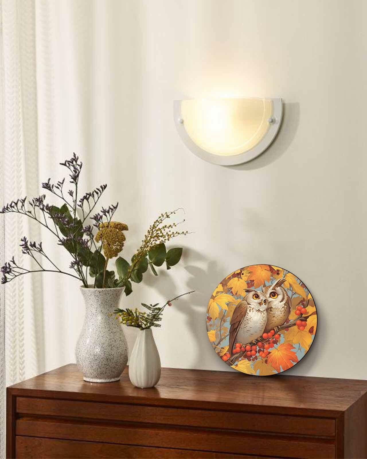 Amoxx Wooden Door Sign Owl Fall Wreath 10in Amber Orange Maple Leaves