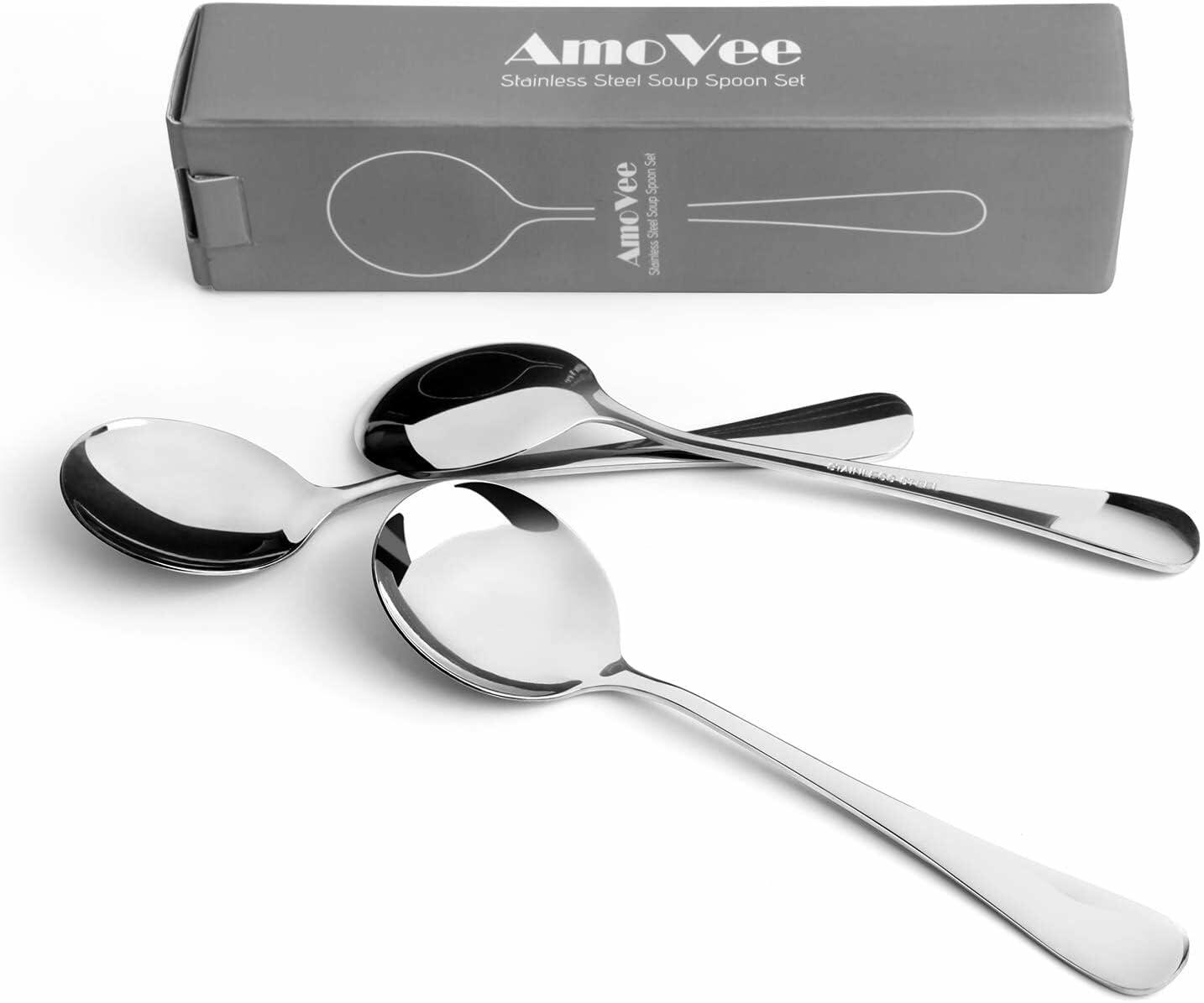 AmoVee Stainless Steel Alpha Round Soup Spoons Set of 16