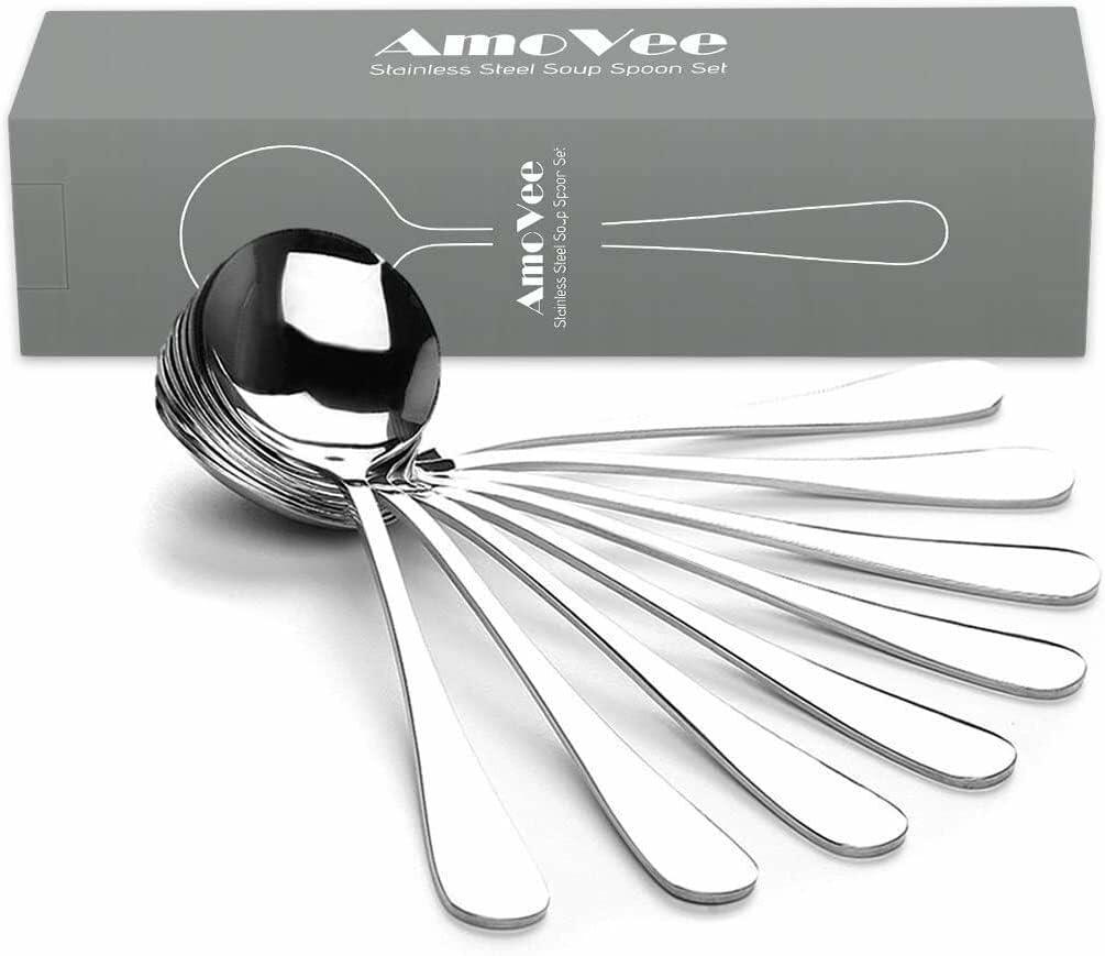 AmoVee Stainless Steel Alpha Round Soup Spoons Set of 16