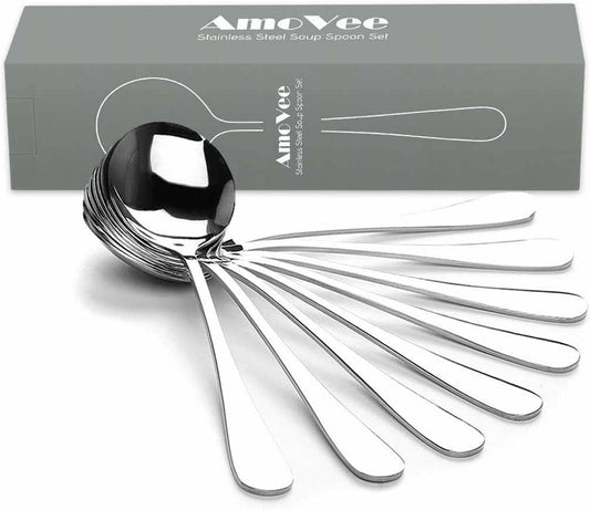 AmoVee Stainless Steel Alpha Round Soup Spoons Set of 16