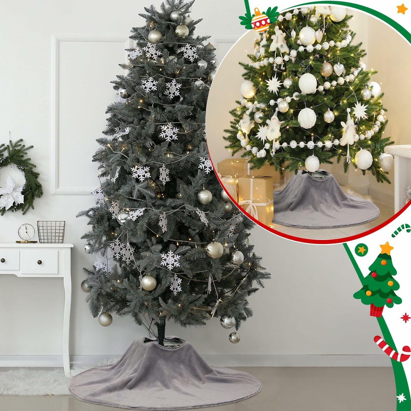 HyDren Velvet Cozy Christmas Tree Skirt Grey Brown Faux Fur 30 Inch