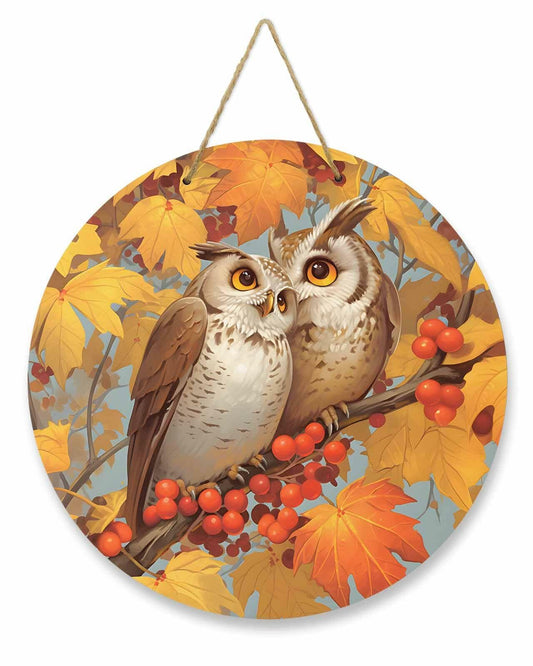 Amoxx Wooden Door Sign Owl Fall Wreath 10in Amber Orange Maple Leaves
