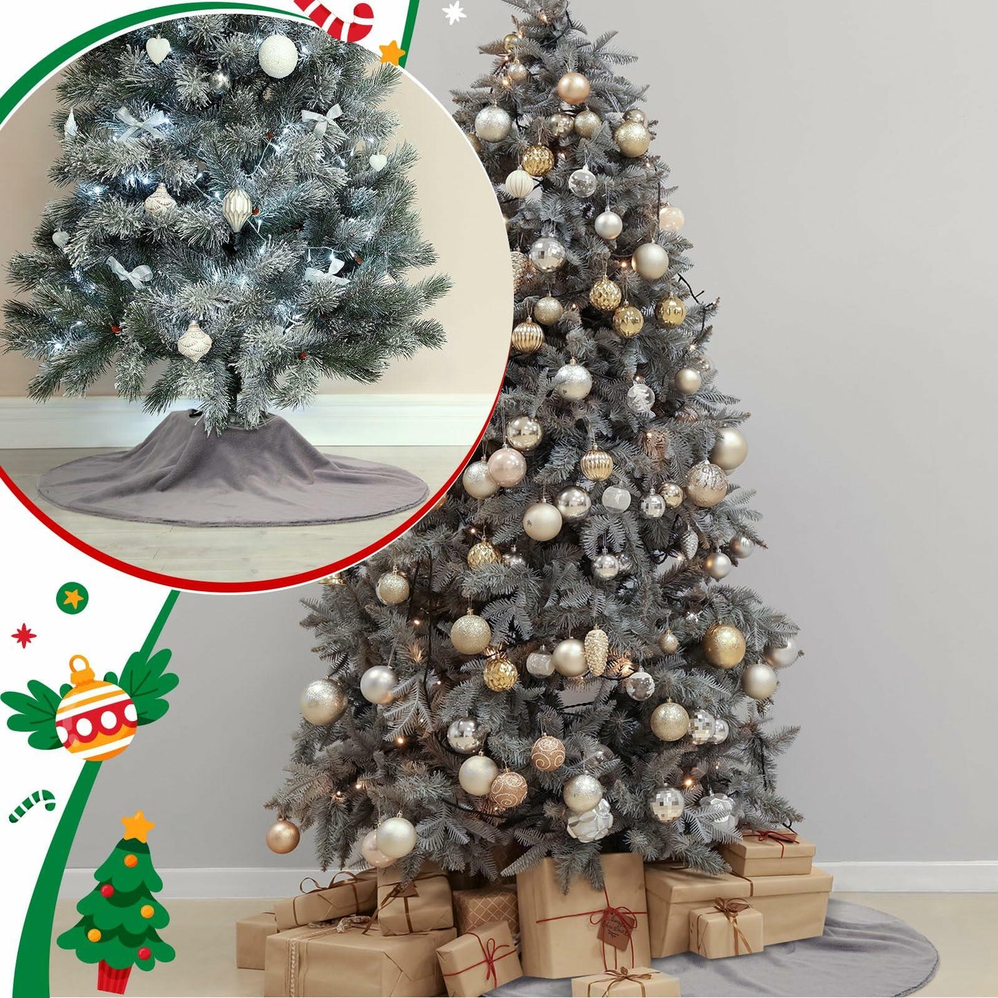 HyDren Velvet Cozy Christmas Tree Skirt Grey Brown Faux Fur 30 Inch