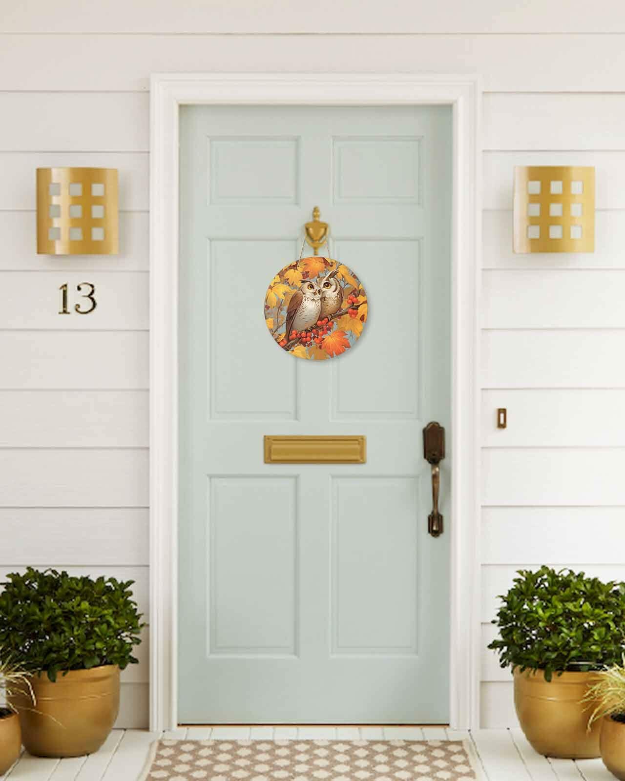 Amoxx Wooden Door Sign Owl Fall Wreath 10in Amber Orange Maple Leaves