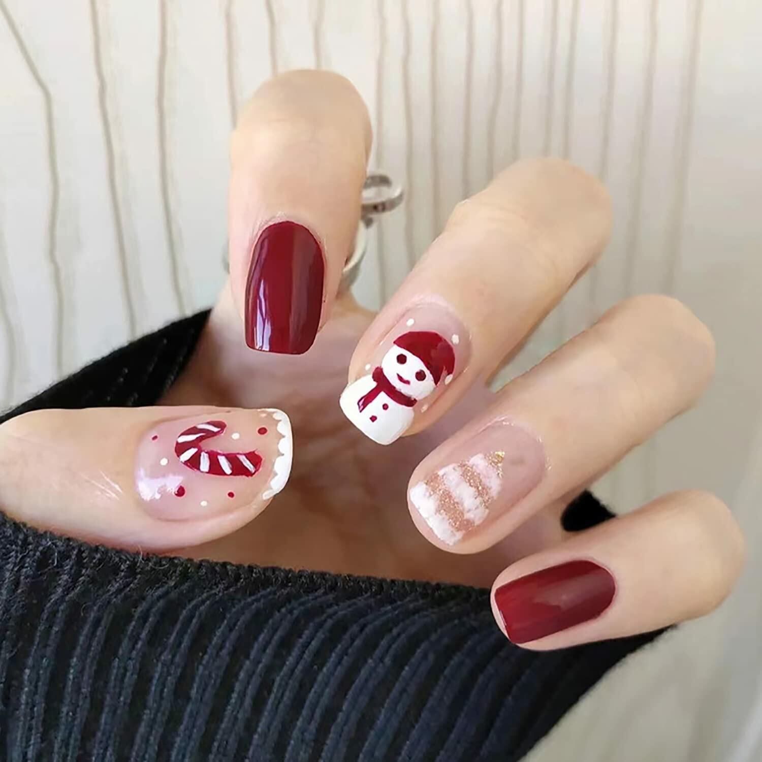Christmas Press On Nails Red Gold Snowflake Short Acrylic Square Set