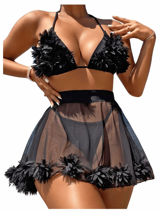 OYOANGLE Women's 3-Piece Halter Triangle Bikini Swimsuit Mesh Skirt Black M