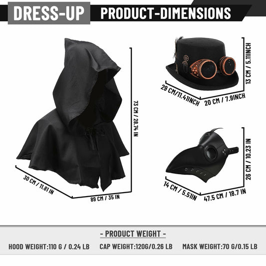 rericonq Plague Doctor Mask Cloak Hat 3Pcs Steampunk Costume Adult