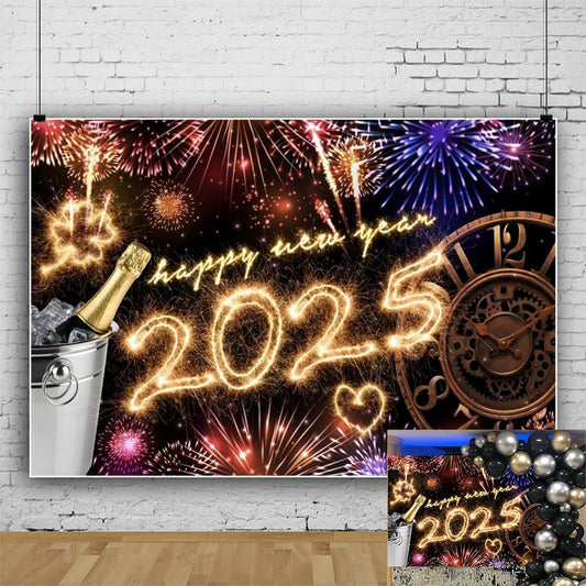 New Year 2025 Backdrop 10x8ft Champagne Clock Firework Photo Booth