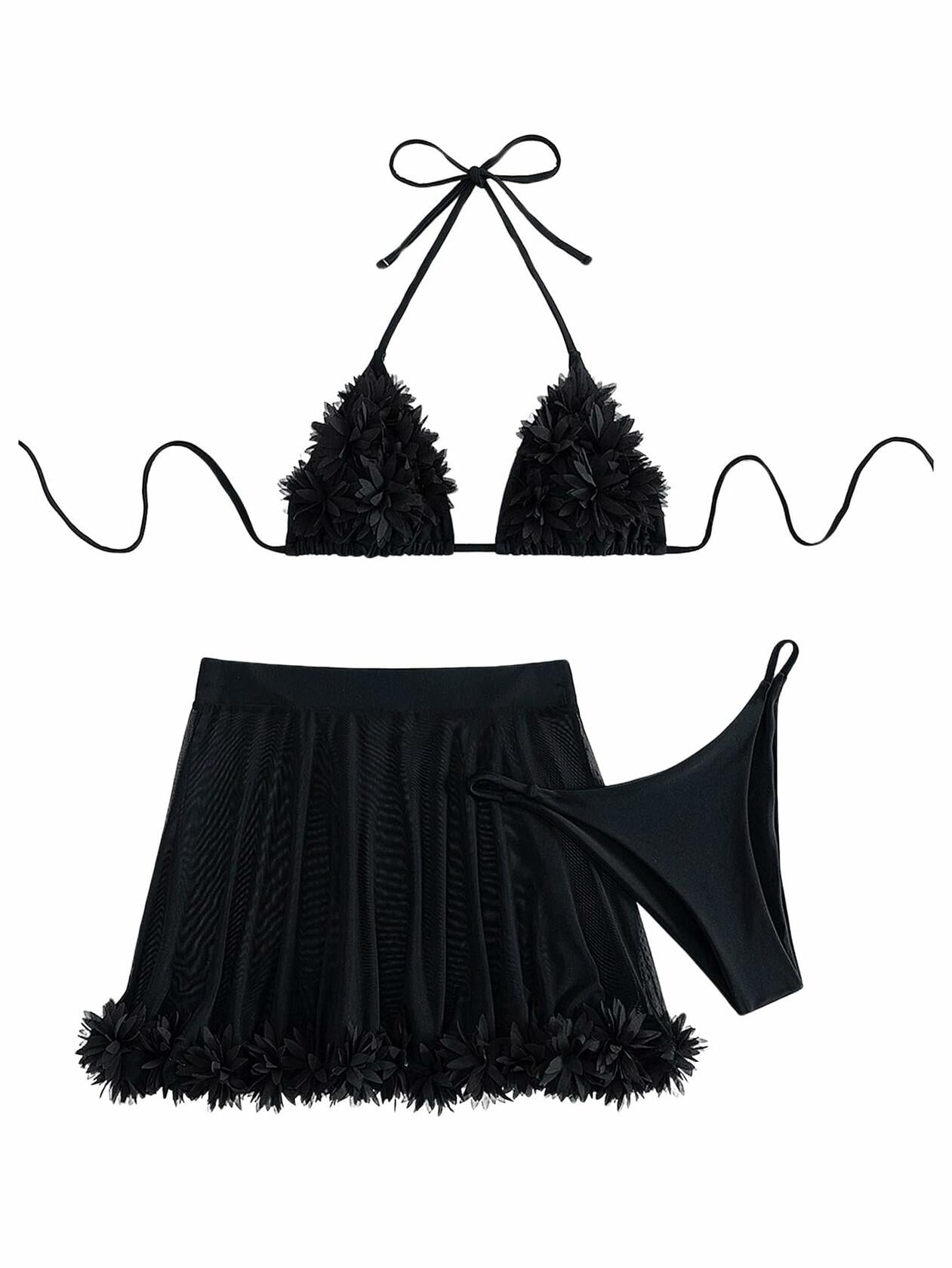 OYOANGLE Women's 3-Piece Halter Triangle Bikini Swimsuit Mesh Skirt Black M