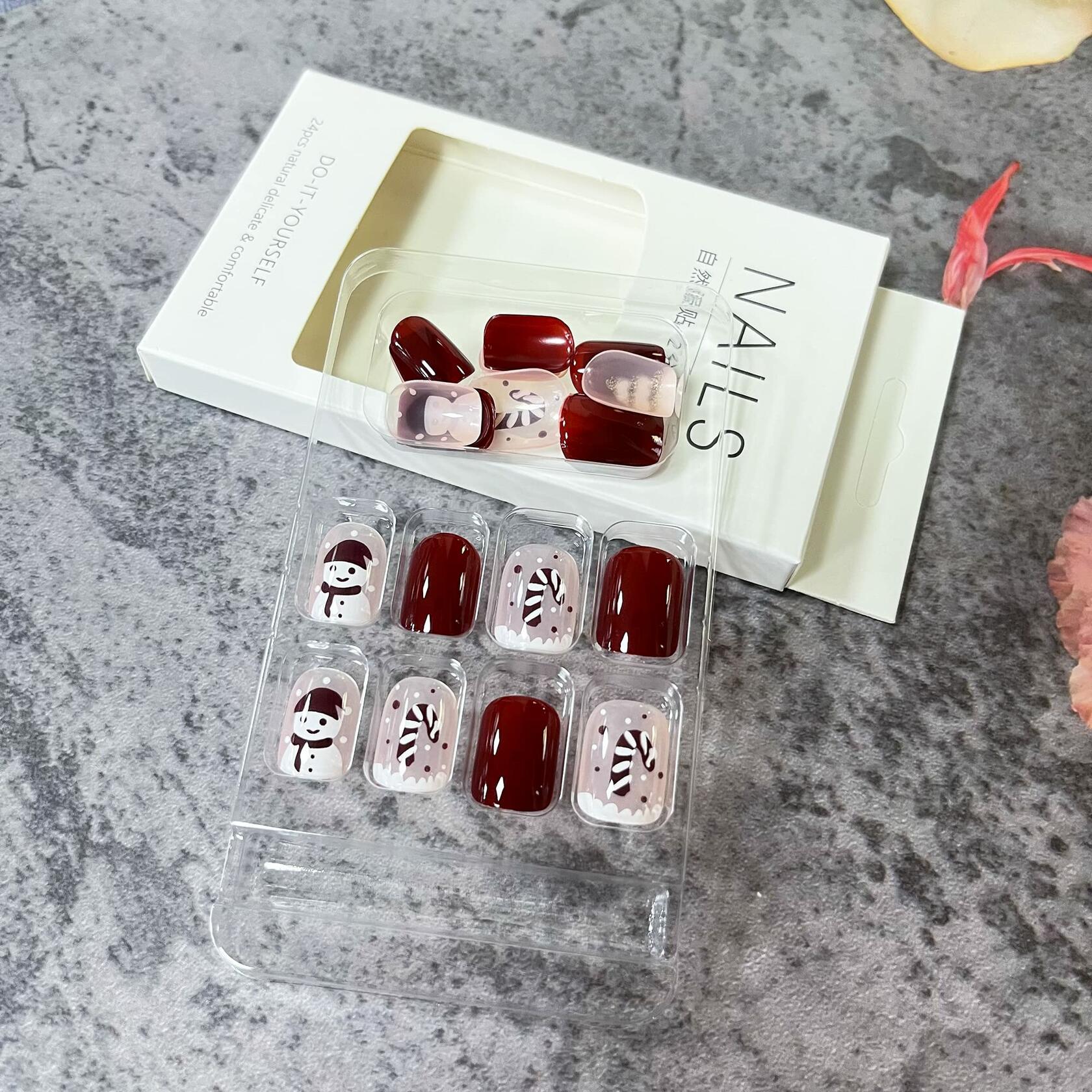 Christmas Press On Nails Red Gold Snowflake Short Acrylic Square Set