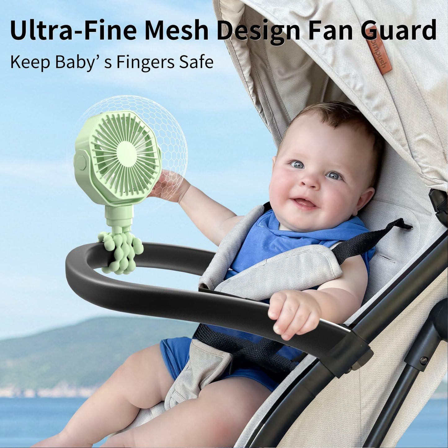 Lerat Portable Stroller Fan 3-Speed Rechargeable Clip-On Green