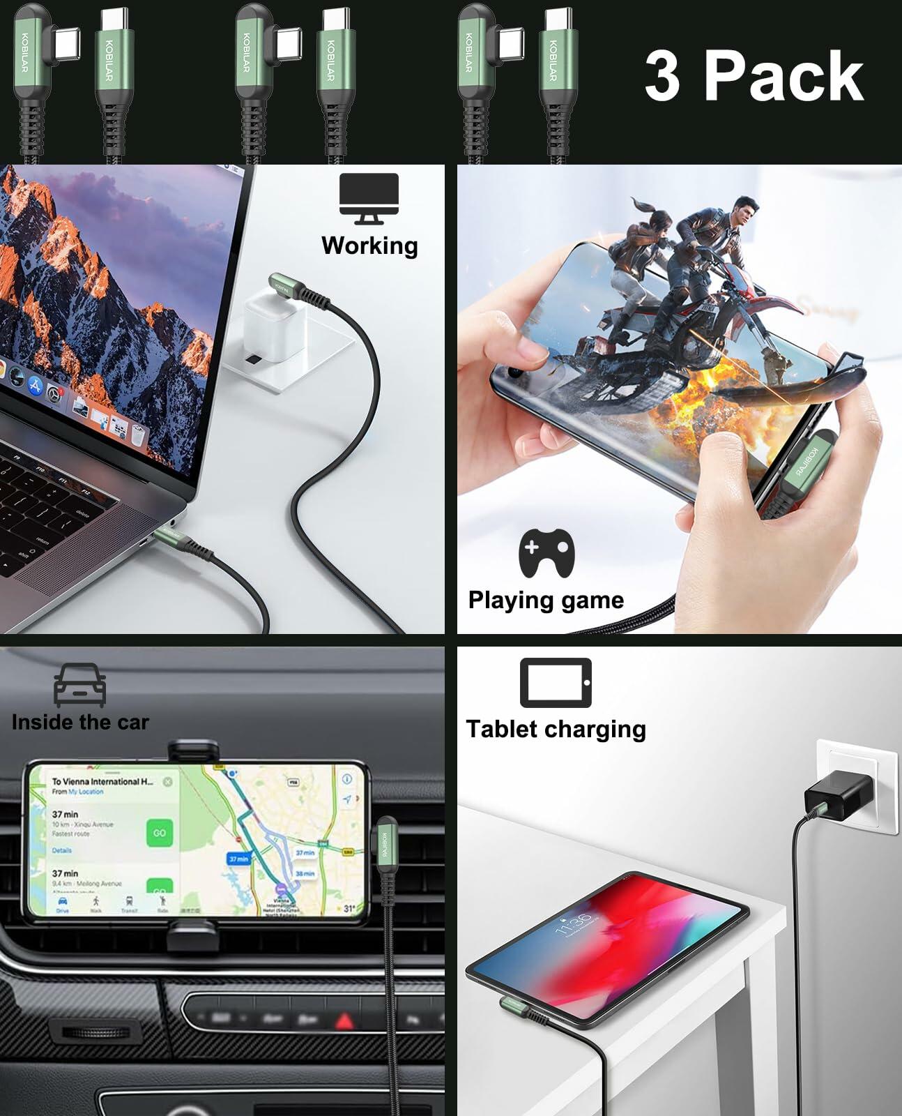 Kobilar USB C Charger Cord Right Angle Fast Charger 3 Pack 1.5/5/10ft Black