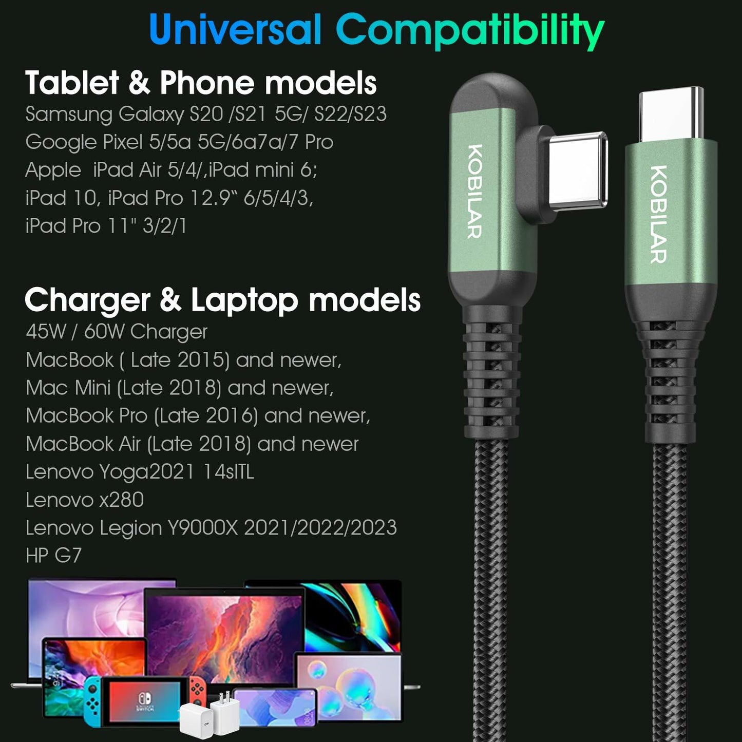 Kobilar USB C Charger Cord Right Angle Fast Charger 3 Pack 1.5/5/10ft Black